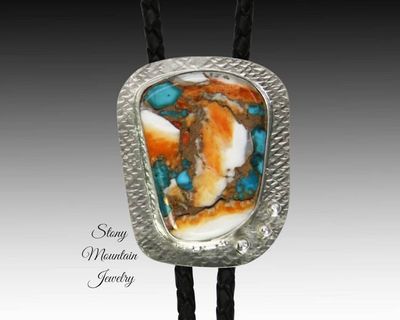 Alternate image for Custom Spiny Oyster Turquoise Bolo Tie in Nickel Silver, Unique Handcrafted Wedding Bolo Tie Necklace