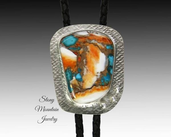 Alternate image for Custom Spiny Oyster Turquoise Bolo Tie in Nickel Silver, Unique Handcrafted Wedding Bolo Tie Necklace