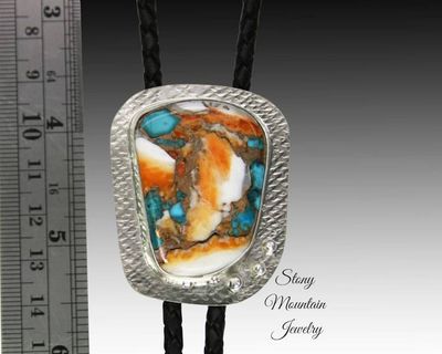 Alternate image for Custom Spiny Oyster Turquoise Bolo Tie in Nickel Silver, Unique Handcrafted Wedding Bolo Tie Necklace