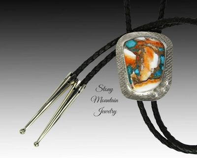 Alternate image for Custom Spiny Oyster Turquoise Bolo Tie in Nickel Silver, Unique Handcrafted Wedding Bolo Tie Necklace