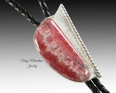 Alternate image for Rhodochrosite Bolo Tie, Sterling Silver Bolo Ties for Men or Women, Handcrafted Wedding Bolo Tie, Unique Stone Bolo Tie, Western Bolo Tie
