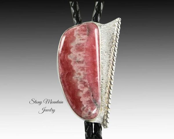 Alternate image for Rhodochrosite Bolo Tie, Sterling Silver Bolo Ties for Men or Women, Handcrafted Wedding Bolo Tie, Unique Stone Bolo Tie, Western Bolo Tie