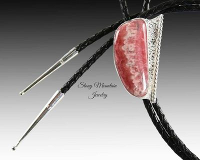 Alternate image for Rhodochrosite Bolo Tie, Sterling Silver Bolo Ties for Men or Women, Handcrafted Wedding Bolo Tie, Unique Stone Bolo Tie, Western Bolo Tie