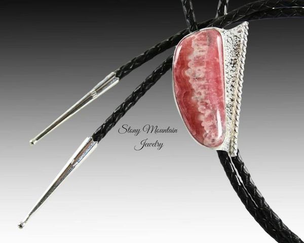 Alternate image for Rhodochrosite Bolo Tie, Sterling Silver Bolo Ties for Men or Women, Handcrafted Wedding Bolo Tie, Unique Stone Bolo Tie, Western Bolo Tie