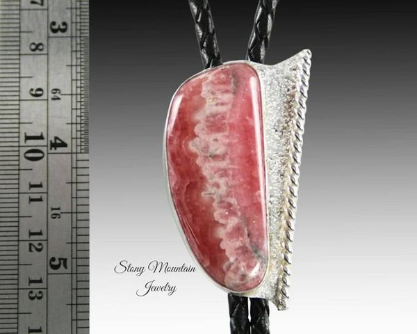 Alternate image for Rhodochrosite Bolo Tie, Sterling Silver Bolo Ties for Men or Women, Handcrafted Wedding Bolo Tie, Unique Stone Bolo Tie, Western Bolo Tie