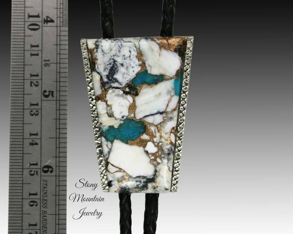 Alternate image for Custom White Buffalo Turquoise Bolo Tie in Nickel Silver, Unique Handcrafted Wedding Bolo Tie, The Maverick Collection
