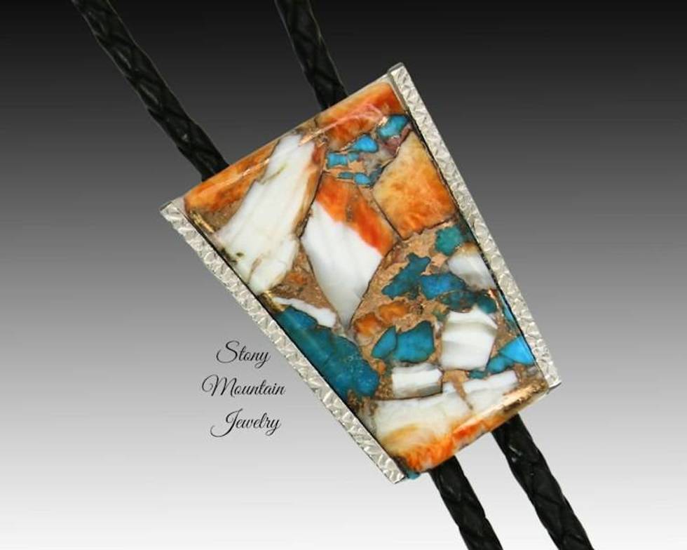 Custom Spiny Oyster Turquoise Bolo Tie in Nickel Silver, Unique Handcrafted Wedding Bolo Tie, The Maverick Collection
