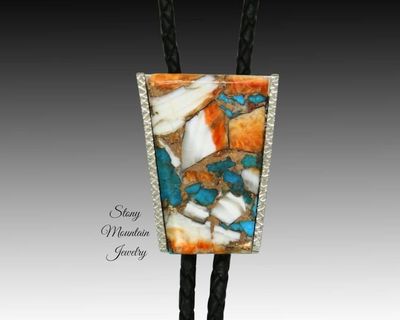 Alternate image for Custom Spiny Oyster Turquoise Bolo Tie in Nickel Silver, Unique Handcrafted Wedding Bolo Tie, The Maverick Collection