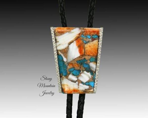 Alternate image for Custom Spiny Oyster Turquoise Bolo Tie in Nickel Silver, Unique Handcrafted Wedding Bolo Tie, The Maverick Collection