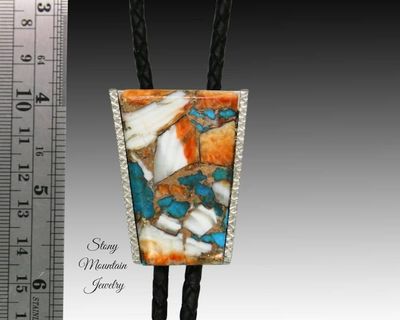 Alternate image for Custom Spiny Oyster Turquoise Bolo Tie in Nickel Silver, Unique Handcrafted Wedding Bolo Tie, The Maverick Collection