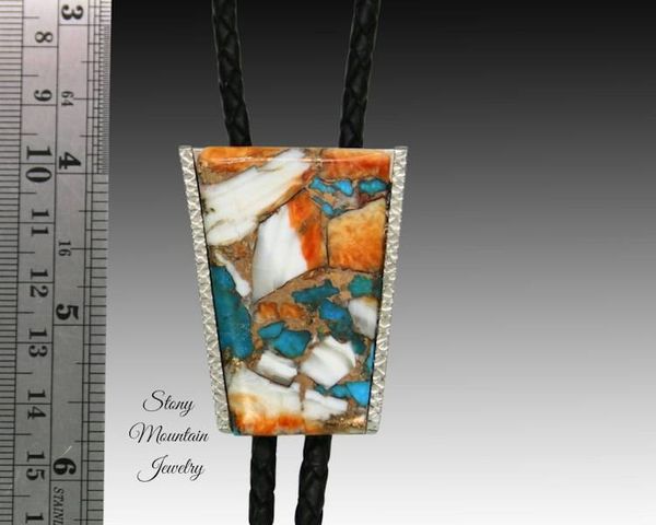 Alternate image for Custom Spiny Oyster Turquoise Bolo Tie in Nickel Silver, Unique Handcrafted Wedding Bolo Tie, The Maverick Collection
