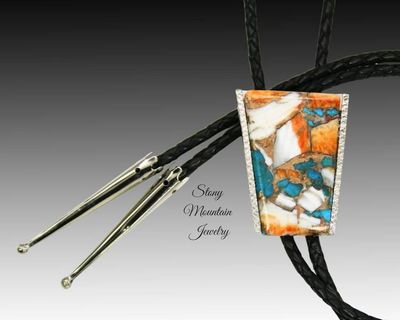 Alternate image for Custom Spiny Oyster Turquoise Bolo Tie in Nickel Silver, Unique Handcrafted Wedding Bolo Tie, The Maverick Collection