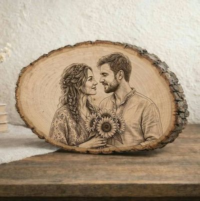 Primary image for Custom Engraved Wood Photo Portrait, Laser Etched Basswood Keepsake, Rustic Anniversary Wedding Memorial Gift