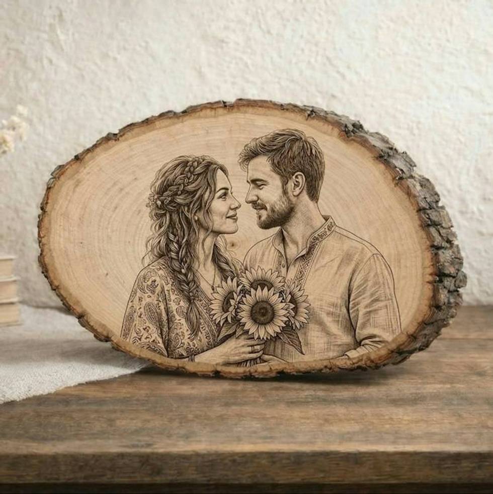 Custom Engraved Wood Photo Portrait, Laser Etched Basswood Keepsake, Rustic Anniversary Wedding Memorial Gift