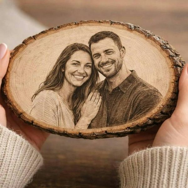 Alternate image for Custom Engraved Wood Photo Portrait, Laser Etched Basswood Keepsake, Rustic Anniversary Wedding Memorial Gift
