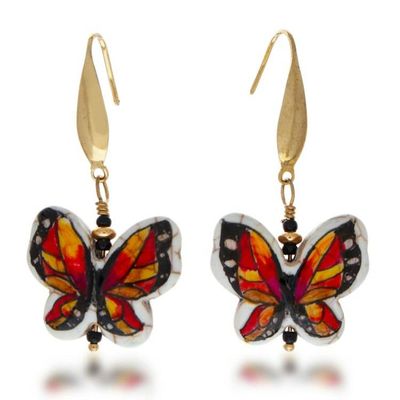 Alternate image for Hand-Painted Monarch Butterfly Howlite Dangle Earrings Exotic Butterfly