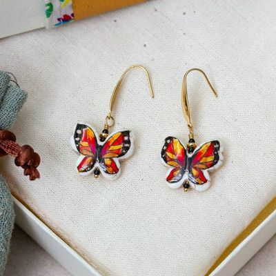Alternate image for Hand-Painted Monarch Butterfly Howlite Dangle Earrings Exotic Butterfly