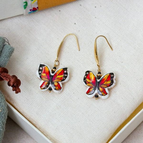 Alternate image for Hand-Painted Monarch Butterfly Howlite Dangle Earrings Exotic Butterfly