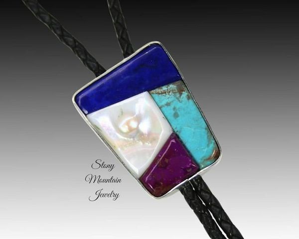 Alternate image for Handmade Inlay Bolo Tie, with Turquoise, Sugilite, Lapis and Tennessee River Pearl, Custom Designer Bolo Tie, One of a Kind Wedding Bolo Tie