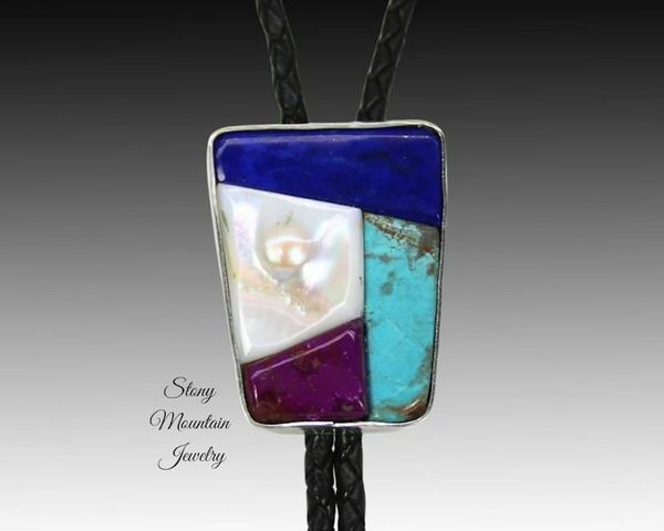 Alternate image for Handmade Inlay Bolo Tie, with Turquoise, Sugilite, Lapis and Tennessee River Pearl, Custom Designer Bolo Tie, One of a Kind Wedding Bolo Tie