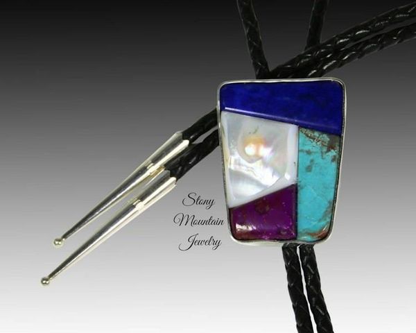 Alternate image for Handmade Inlay Bolo Tie, with Turquoise, Sugilite, Lapis and Tennessee River Pearl, Custom Designer Bolo Tie, One of a Kind Wedding Bolo Tie