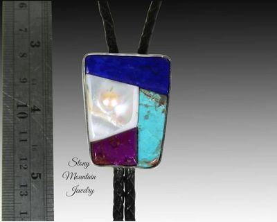 Alternate image for Handmade Inlay Bolo Tie, with Turquoise, Sugilite, Lapis and Tennessee River Pearl, Custom Designer Bolo Tie, One of a Kind Wedding Bolo Tie