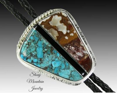 Primary image for Turquoise Inlay Bolo Tie with Wild Horse Magnesite & Black Agate, Custom Designer Wedding Bolo Ties for Men or Women, Unique Gift