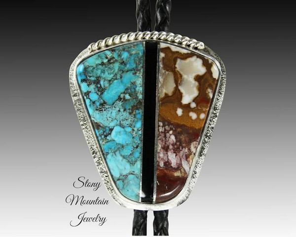 Alternate image for Turquoise Inlay Bolo Tie with Wild Horse Magnesite & Black Agate, Custom Designer Wedding Bolo Ties for Men or Women, Unique Gift