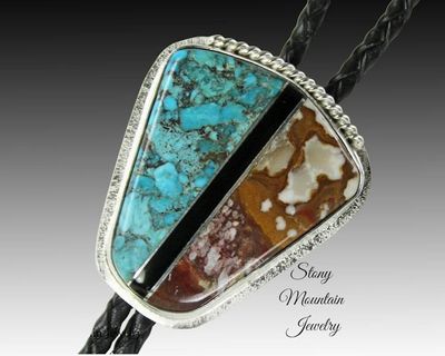 Alternate image for Turquoise Inlay Bolo Tie with Wild Horse Magnesite & Black Agate, Custom Designer Wedding Bolo Ties for Men or Women, Unique Gift