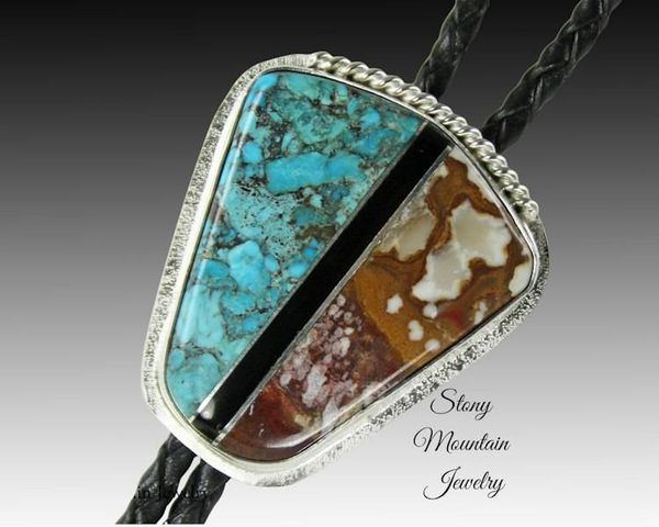 Alternate image for Turquoise Inlay Bolo Tie with Wild Horse Magnesite & Black Agate, Custom Designer Wedding Bolo Ties for Men or Women, Unique Gift