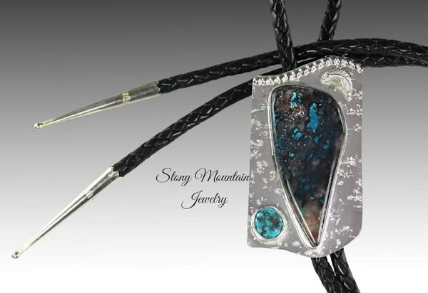 Alternate image for Unique Custom Chrysocolla Turquoise Wedding Bolo Tie, Handcrafted Sterling Silver Bolo Ties for Men & Women, Western Bolo Tie