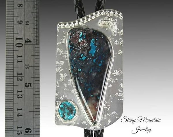 Alternate image for Unique Custom Chrysocolla Turquoise Wedding Bolo Tie, Handcrafted Sterling Silver Bolo Ties for Men & Women, Western Bolo Tie