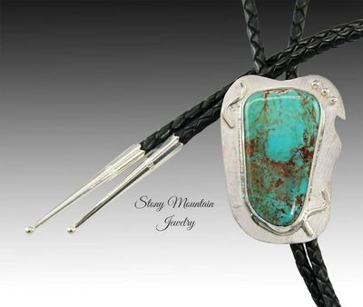 Alternate image for Unique Blue Heron Turquoise Bolo Tie for Wedding or Casual Wear, Modern Handcrafted Sterling Silver Designer Bolo Ties for Men & Women