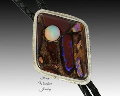Alternate image for Australian Opal Bolo Tie, Custom Handcrafted Wedding Bolo Tie, Modern Sterling Silver Boulder Opal Designer Bolo Ties for Men or Women
