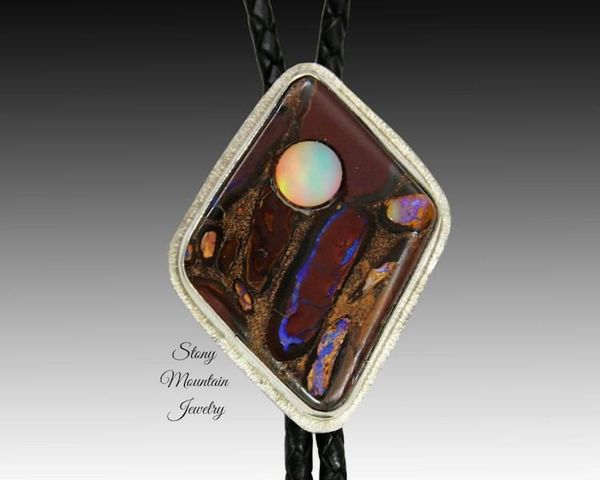 Alternate image for Australian Opal Bolo Tie, Custom Handcrafted Wedding Bolo Tie, Modern Sterling Silver Boulder Opal Designer Bolo Ties for Men or Women