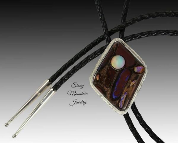 Alternate image for Australian Opal Bolo Tie, Custom Handcrafted Wedding Bolo Tie, Modern Sterling Silver Boulder Opal Designer Bolo Ties for Men or Women