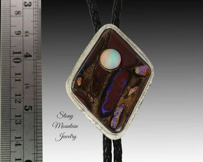 Alternate image for Australian Opal Bolo Tie, Custom Handcrafted Wedding Bolo Tie, Modern Sterling Silver Boulder Opal Designer Bolo Ties for Men or Women
