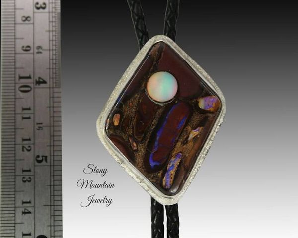 Alternate image for Australian Opal Bolo Tie, Custom Handcrafted Wedding Bolo Tie, Modern Sterling Silver Boulder Opal Designer Bolo Ties for Men or Women