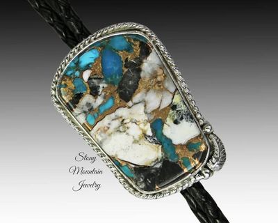 Alternate image for White Buffalo & Turquoise Bolo Tie in Sterling Silver, Custom Handcrafted Wedding Bolo Tie, The Feather Collection, Alternative Necktie