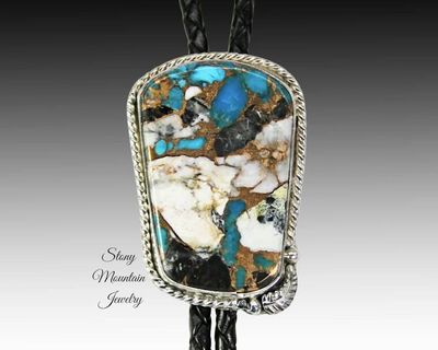 Alternate image for White Buffalo & Turquoise Bolo Tie in Sterling Silver, Custom Handcrafted Wedding Bolo Tie, The Feather Collection, Alternative Necktie