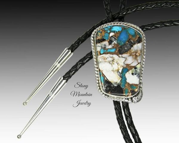 Alternate image for White Buffalo & Turquoise Bolo Tie in Sterling Silver, Custom Handcrafted Wedding Bolo Tie, The Feather Collection, Alternative Necktie