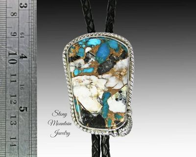 Alternate image for White Buffalo & Turquoise Bolo Tie in Sterling Silver, Custom Handcrafted Wedding Bolo Tie, The Feather Collection, Alternative Necktie
