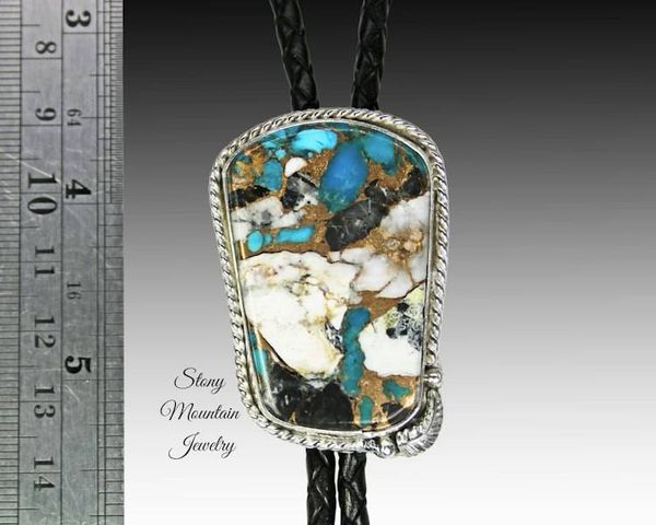 Alternate image for White Buffalo & Turquoise Bolo Tie in Sterling Silver, Custom Handcrafted Wedding Bolo Tie, The Feather Collection, Alternative Necktie