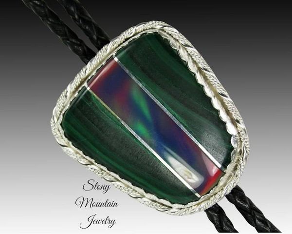 Alternate image for Custom Sterling Silver Wedding Bolo Tie, Malachite and Aurora Opal Inlay Bolo Tie, Unique Modern Designer Bolo Ties, Fathers Day Gift
