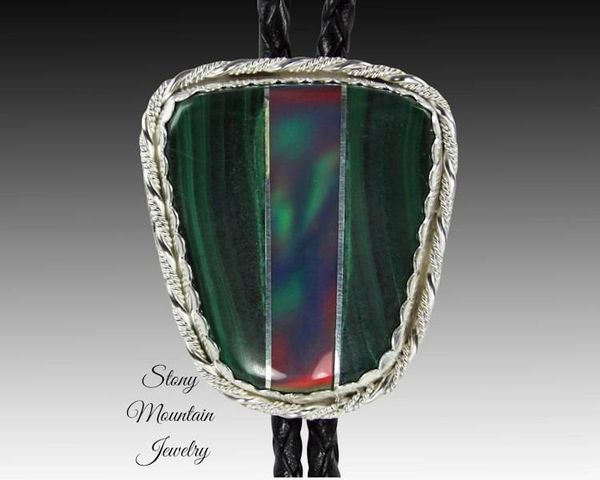 Alternate image for Custom Sterling Silver Wedding Bolo Tie, Malachite and Aurora Opal Inlay Bolo Tie, Unique Modern Designer Bolo Ties, Fathers Day Gift