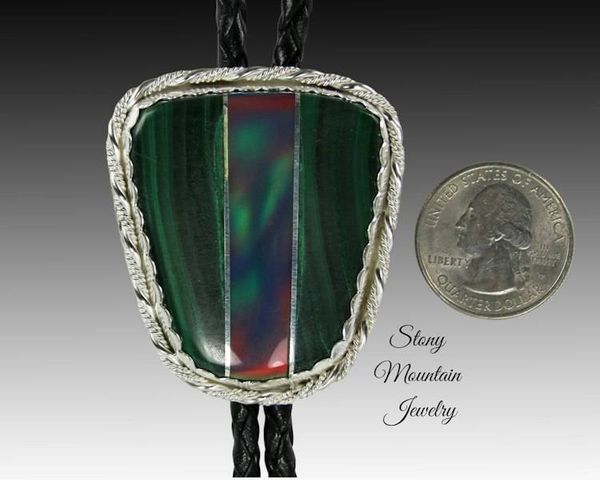 Alternate image for Custom Sterling Silver Wedding Bolo Tie, Malachite and Aurora Opal Inlay Bolo Tie, Unique Modern Designer Bolo Ties, Fathers Day Gift