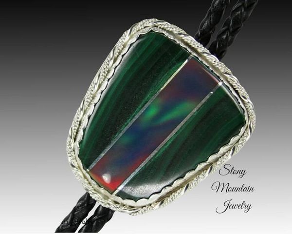 Alternate image for Custom Sterling Silver Wedding Bolo Tie, Malachite and Aurora Opal Inlay Bolo Tie, Unique Modern Designer Bolo Ties, Fathers Day Gift