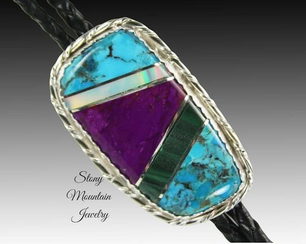 Alternate image for Turquoise Inlay Bolo Tie with Sugilite Malachite & Opal, Custom Designer Wedding Bolo Ties for Men or Women, Unique Gift, Fathers Day Gift