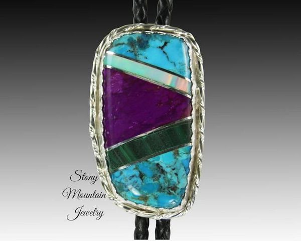 Alternate image for Turquoise Inlay Bolo Tie with Sugilite Malachite & Opal, Custom Designer Wedding Bolo Ties for Men or Women, Unique Gift, Fathers Day Gift