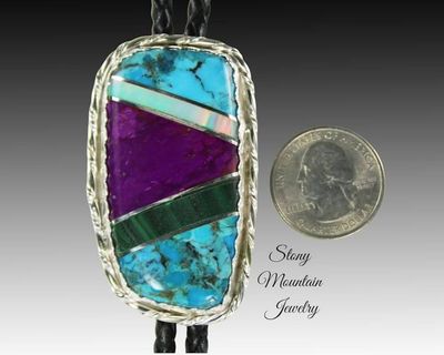 Alternate image for Turquoise Inlay Bolo Tie with Sugilite Malachite & Opal, Custom Designer Wedding Bolo Ties for Men or Women, Unique Gift, Fathers Day Gift